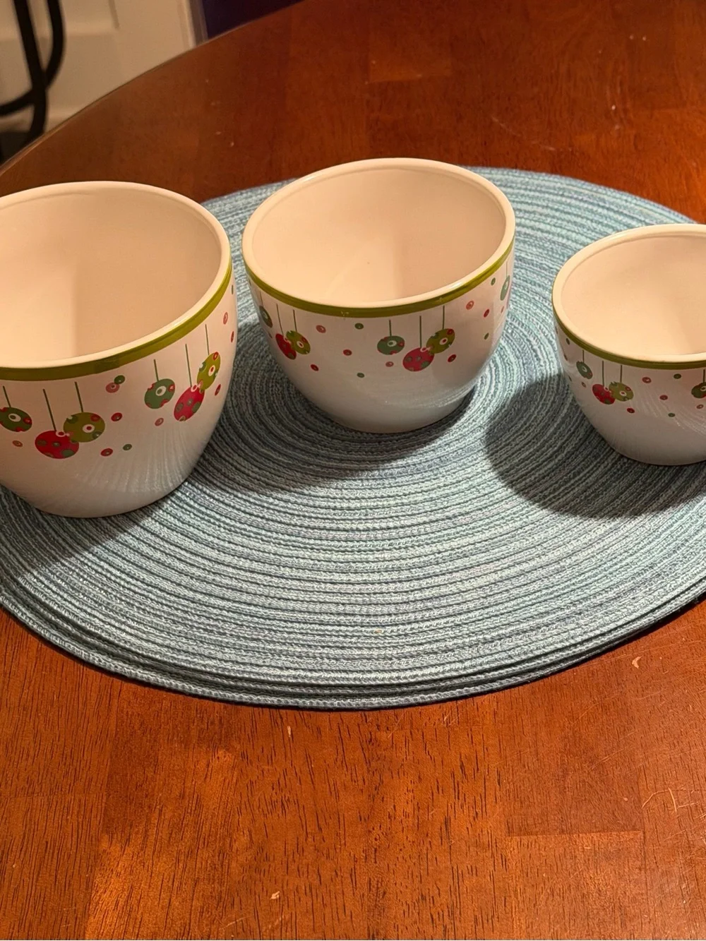 Ceramic Nesting Bowls in White with Red & Green Cherry Pattern